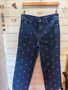 J. Crew Dark Blue Embroidered Bow Wide-Leg Jeans